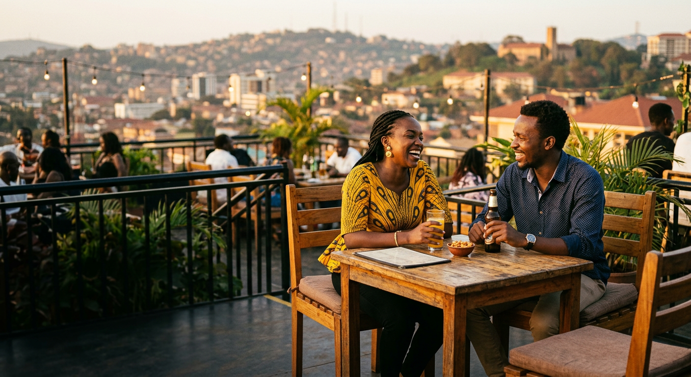 A Ugandan couple laughing together at a Kampala rooftop cafe